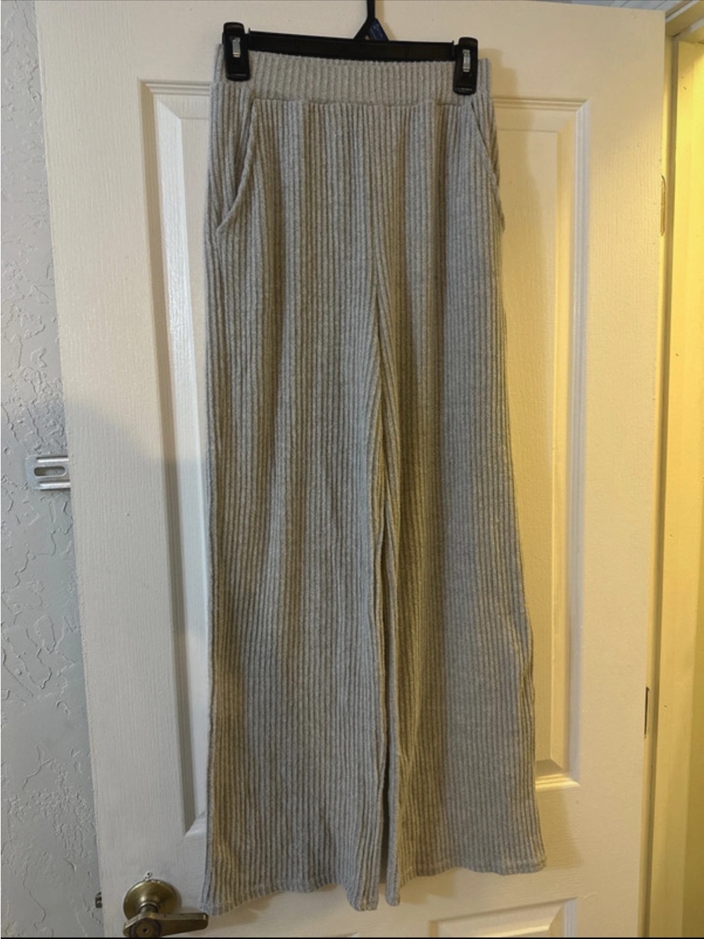 SHEIN Ribbed Wide-Leg Knit Pants in Light Gray